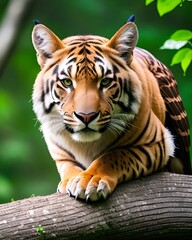 amazing photo of a tiger sitting on fallen tree. Generative AI