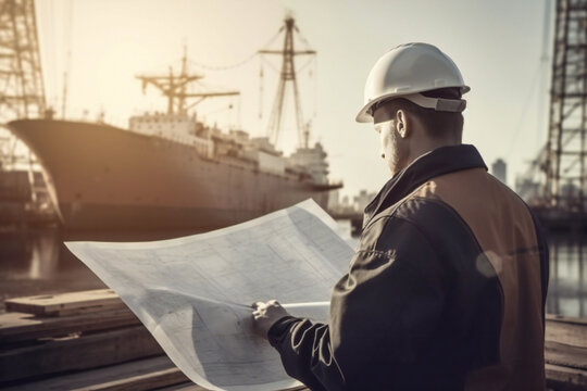 Illustration of a naval engineer with a blueprint and a blurred big ship in background. Created with Generative AI technology.