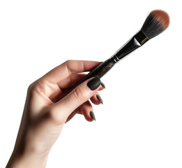 Woman holds brush for professional makeup, isolated png
