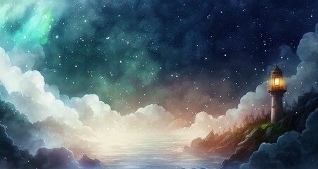 Lighthouse by the sea on a cloudy starry night dreamy landscape background. Generative AI.