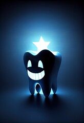 Naklejka premium Healthy happy white tooth with glowing effect on blue background, dentist and teeth whitening dental treatment concept.