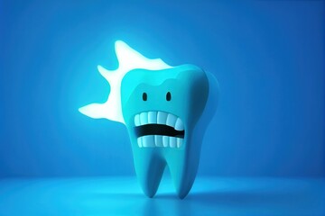 Unhealthy frightened and scared tooth on blue background, dentist and teeth dental treatment concept.