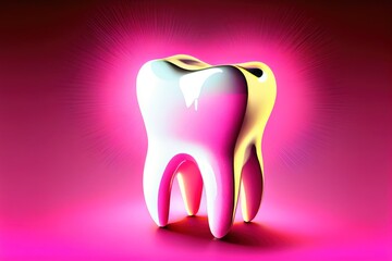Healthy white tooth with glowing effect on pink background, dentist and teeth whitening dental treatment concept.