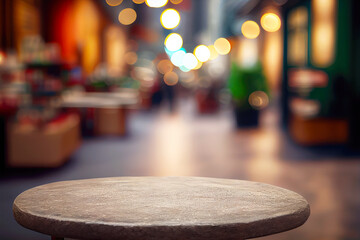 Stone table top with blurred shopping plaza background. Empty tabletop over defocused background for product display or montage with focus to the table top. Generative ai.