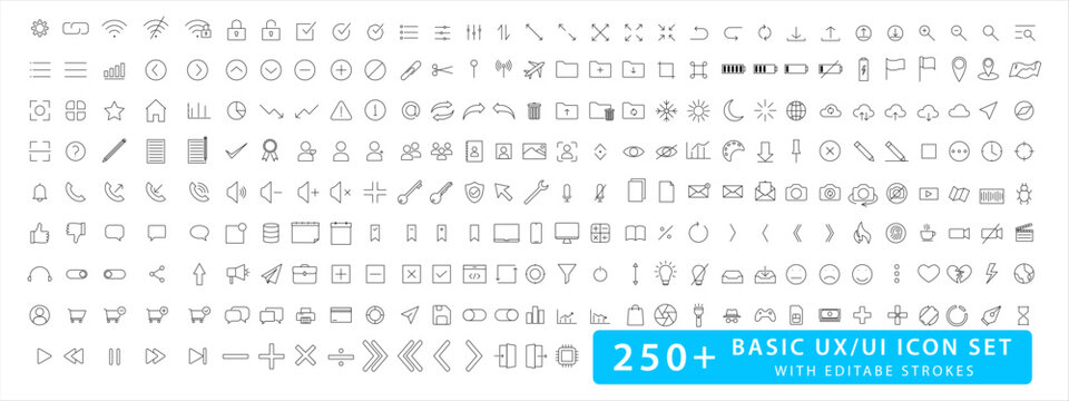 Basic Ux/Ui Icons, with editable strokes.  Mega set of ui ux icon set, Big collection of minimalist and simple UxUi web icons.