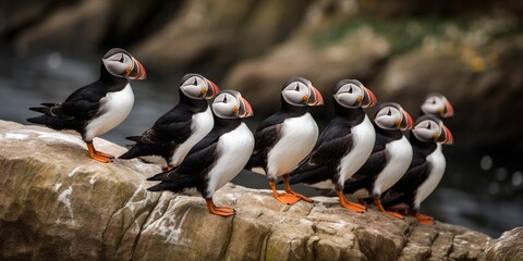 A flock of puffins perching on a rocky shore, ready to dive into the water for fish, concept of Coastal Wildlife Behavior, created with Generative AI technology