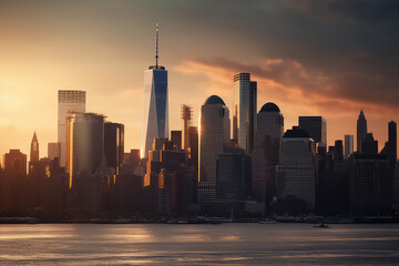 Fototapeta na wymiar New York City skyline with skyscrapers at sunset, AI