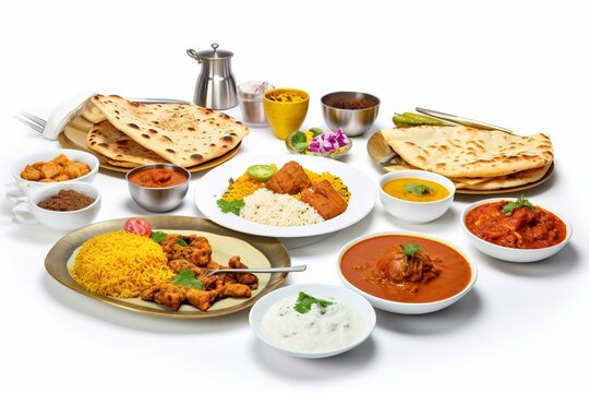 Indian cuisine served on a white background with a variety of traditional dishes such as butter chicken, palak paneer, chicken tikka, biryani, papad, dal, rice with saffron, and naan. Generative AI