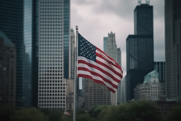 USA flag in Chicago with with skyscrapers on background. American flag waving in the city. AI