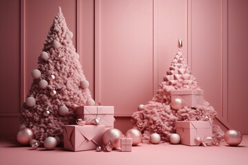 3D rendering of pink podium, present, and Christmas tree decorations with holiday greeting. Generative AI