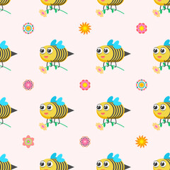 Fototapeta na wymiar Seamless Pattern Abstract Elements Different Bee Insect Beetle With Flower Vector Design Style Background Illustration Texture For Prints Textiles, Clothing, Gift Wrap, Wallpaper, Pastel