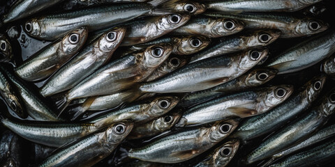 Fototapeta premium fresh and raw and healthy anchovies, top view, created with generative ai