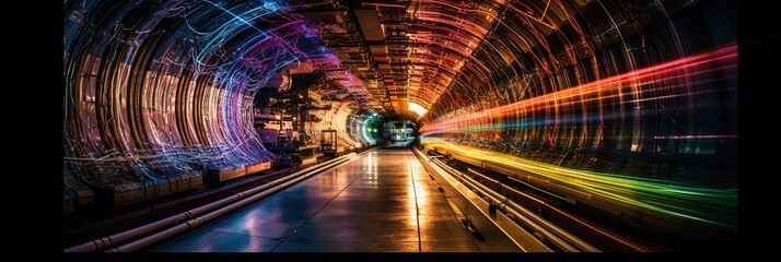 An evocative image of a particle accelerator, with colorful beams of light and intricate machinery visible in the background, concept of Scientific Exploration, created with Generative AI technology