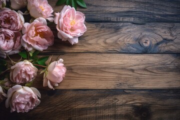 A wooden background with a border frame of pink roses flowers. Generative AI