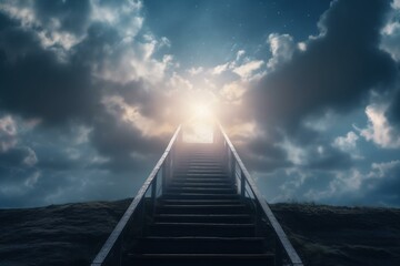 A peaceful scene featuring a heavenly stairway and illuminated sky. Generative AI
