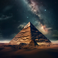 View of the Great Pyramid of Giza illuminated at night created with Generative AI technology. - obrazy, fototapety, plakaty