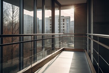 Newly constructed residential or office building window with safety railing. Generative AI