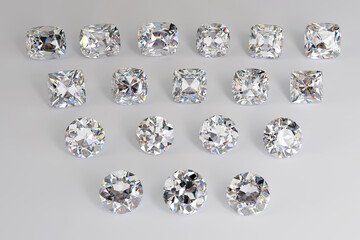 Multiple diamonds of Old mine, Peruzzi, old European cut styles on white background. 3d illustration