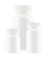 Three white pill bottles isolated on transparent background