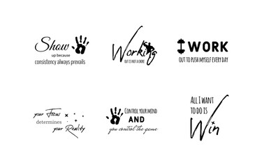 Set hand lettering inscriptions about fitness to motivation quotes posters, black and white inspirational text, calligraphy vector illustration collection