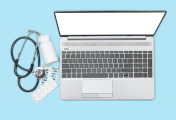 Laptop with blank display, pill bottle, pills and stethoscope on blue background, top view with copy space. Telemedicine concept