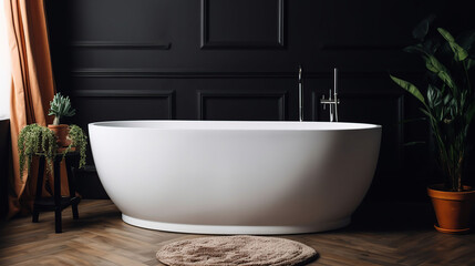 Naklejka na ściany i meble Modern ceramic bathtub and small table near brown wall in room, generative ai