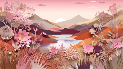 Autumn nature, landscape art paper cut. Generative AI