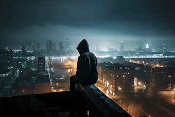 Man in hoodie sitting on the rooftop at night. City view. Digitally generated ai image. Not an actual real person