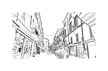 Fototapeta na wymiar Building view with landmark of Rimini is the city in Italy. Hand drawn sketch illustration in vector.
