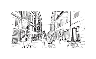 Building view with landmark of  Rimini is the city in Italy. Hand drawn sketch illustration in vector.