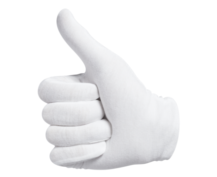 Hand with a thumb up in a white glove, cut out