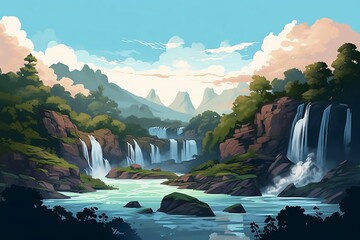 waterfall in the mountains beautiful enviroment. AI generated.