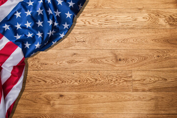 USA flag on wooden table background. American flag top view, copy space. Memorial day and 4th of July, Independence day mock up, template. 