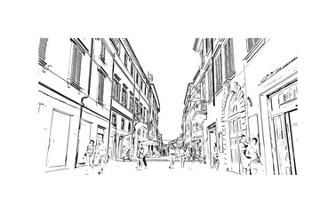 Building view with landmark of  Rimini is the city in Italy. Hand drawn sketch illustration in vector.