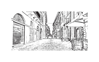 Building view with landmark of  Rimini is the city in Italy. Hand drawn sketch illustration in vector.