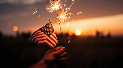 Usa Celebration With Hands Holding Sparklers And American Flag At Sunset With Fireworks, generative ai - 597800980