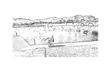 Obraz premium Building view with landmark of Rimini is the city in Italy. Hand drawn sketch illustration in vector.
