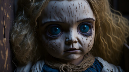 A haunted doll with cracked porcelain skin, Generative AI
