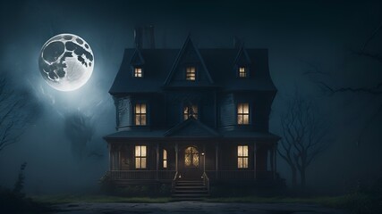 Fototapeta na wymiar A spooky haunted house with a full moon shining overhead, Generative AI 