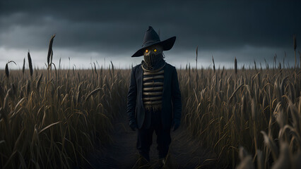 A dark and foggy cornfield, with a scarecrow standing tall in the middle, Generative AI
 - obrazy, fototapety, plakaty