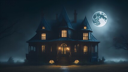 Fototapeta na wymiar A spooky haunted house with cobwebs, bats, and glowing pumpkins, Generative AI 