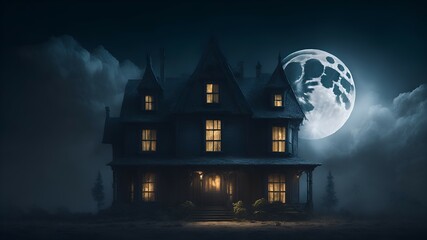 A spooky haunted house with cobwebs, bats, and glowing pumpkins, Generative AI
