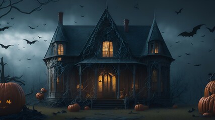 Fototapeta na wymiar A spooky haunted house with cobwebs, bats, and glowing pumpkins, Generative AI 