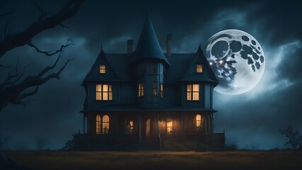 Fototapeta na wymiar A spooky haunted house with a full moon shining overhead, Generative AI 