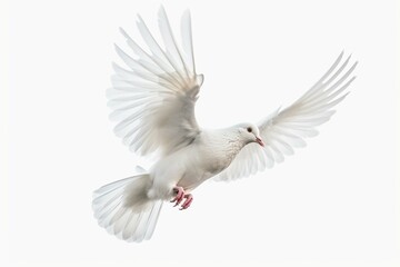 A white dove in flight on a white background. Generative AI