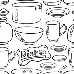 Hand drawn kitchen seamless doodle pattern, cafe or house template design. Restaurant wall doodle.