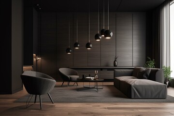 A sleek, minimalist living room with a dark, matte color scheme and an empty mock-up space on the wall. Generative AI