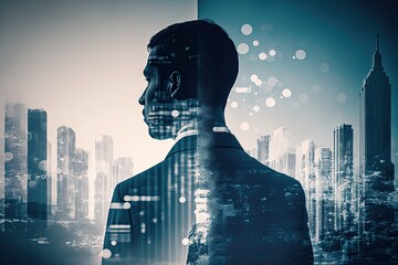 Double exposure image of business person on modern city background. Ai generative.