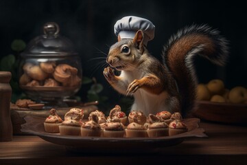 Chef squirrel carrying a tray of nuts. Generative AI