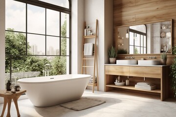 Fototapeta na wymiar Modern bathroom with wooden and white theme, double sink, tub, and window. Mockup. Generative AI